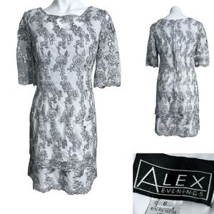 Alex Evenings dress sz 6 Silver Lace short sleeve cocktail gala holiday party